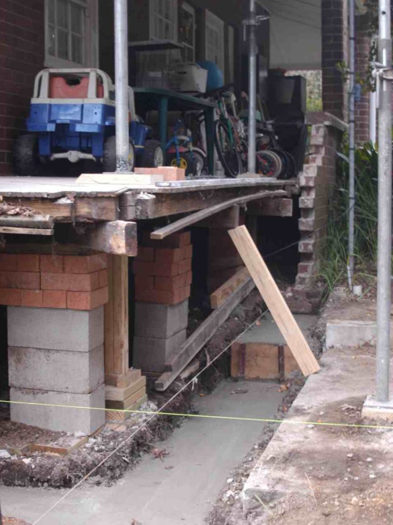 Veranda repair Springwood, Blue Mountains, NSW Australia. Failed brick work removed, deck supported and new concrete founds poured