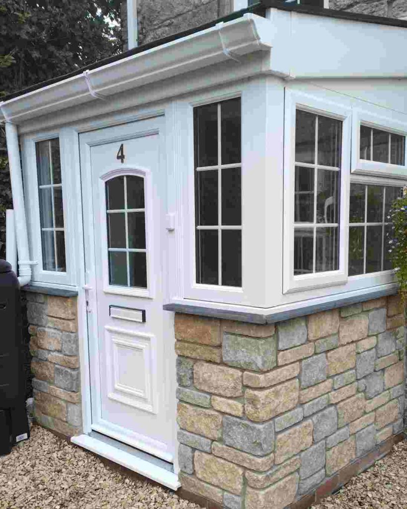 Porch- masonry cavity wall uPVC windows doors Equinox roof