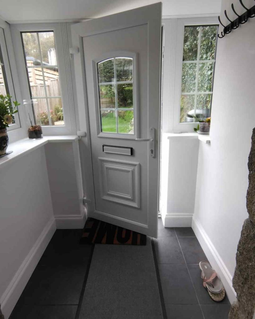 Porch- masonry cavity wall uPVC windows doors Equinox roof interior
